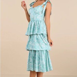 Lulus | Lovely Bliss Aqua Floral Jacquard Strapless Bustier Midi Dress Blue